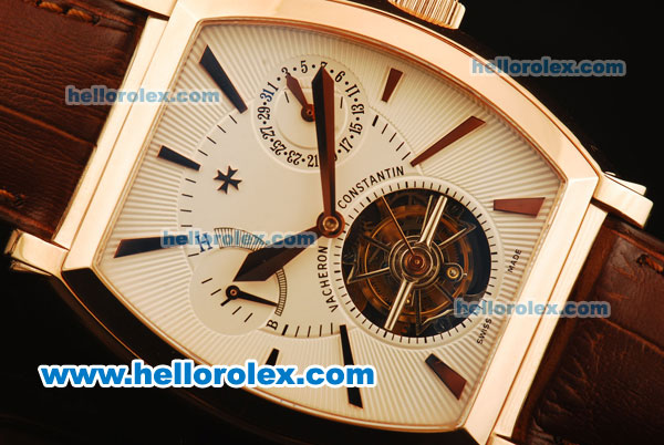 Vacheron Constantin Malte Swiss Tourbillon Manual Winding Rose Gold Case with White Dial and Brown Leather Strap - Click Image to Close